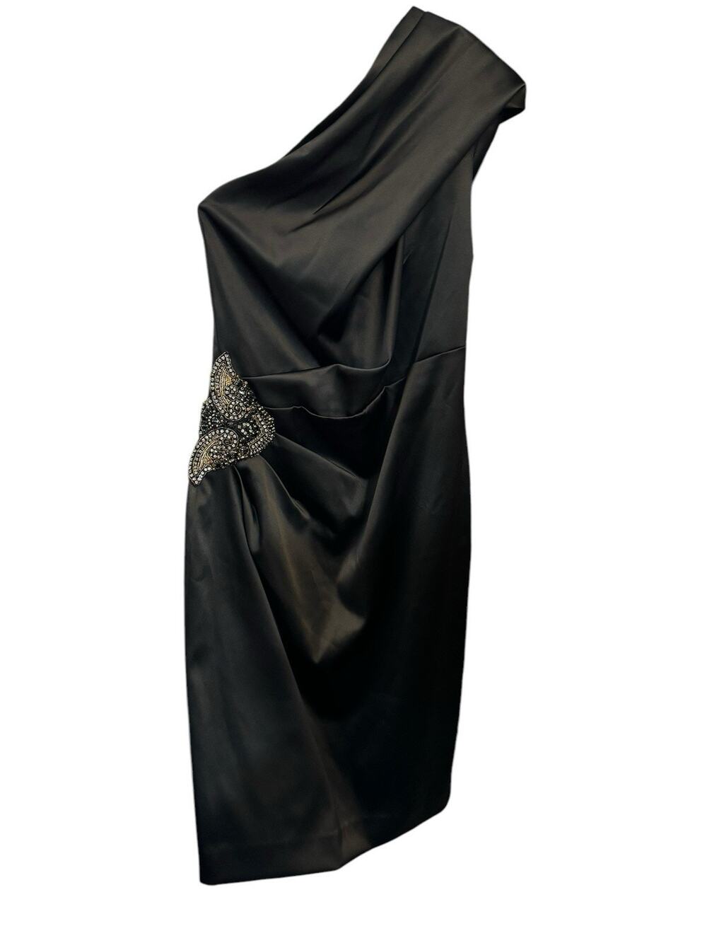 Eliza J One Shoulder Beaded Rouched Stretch Satin Black Dress Womens Size 6